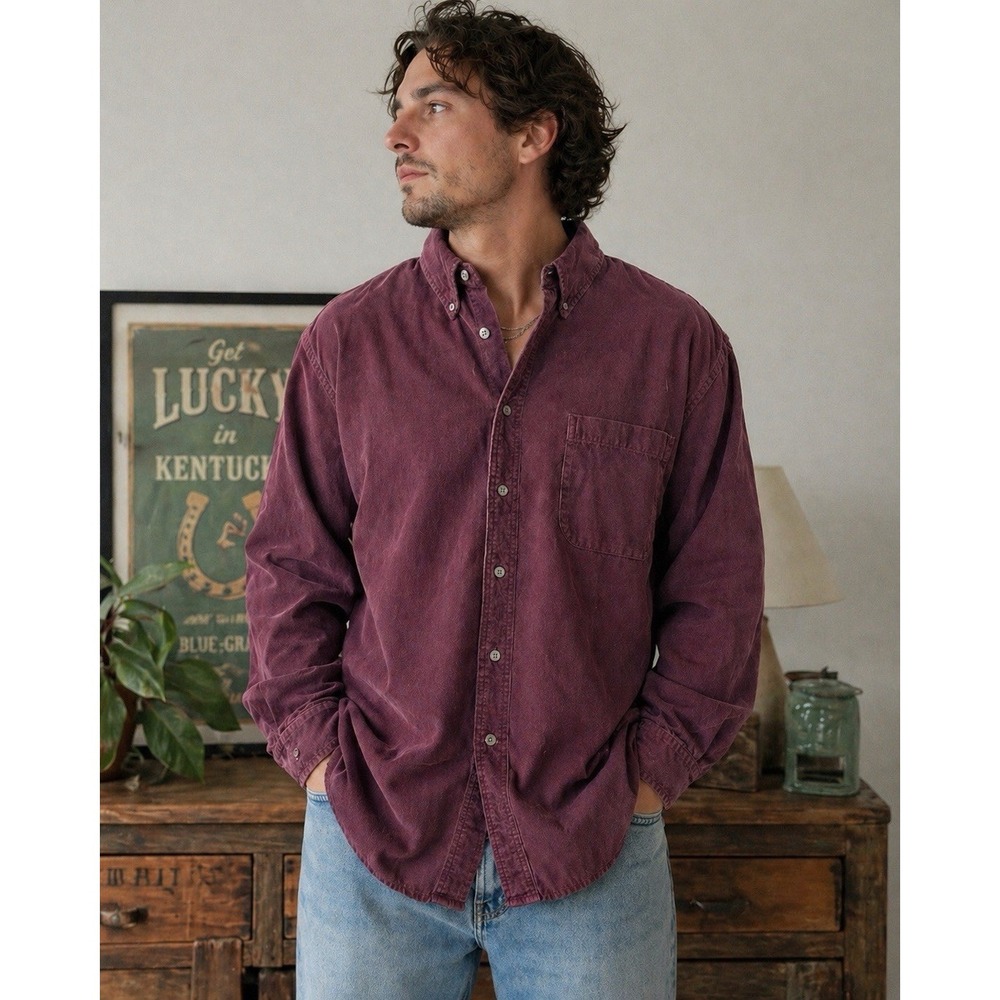 Vintage St Johns Bay Corduroy Shirt Men's L Burgundy 90s Button Down  Workwear